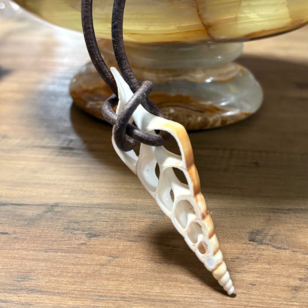 🐚🌊 Awesome seashell pendant wrapped on genuine leather cord! 🌊🐚